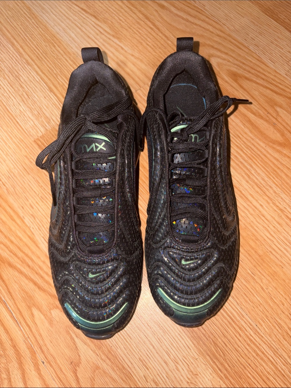 Nike Air Max 720 Black Sneakers with Iridescent Speckle and Green Trim